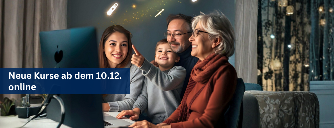 Neue Kurse ab dem 10.12. online, eine Familie sitzt vor einem PC.